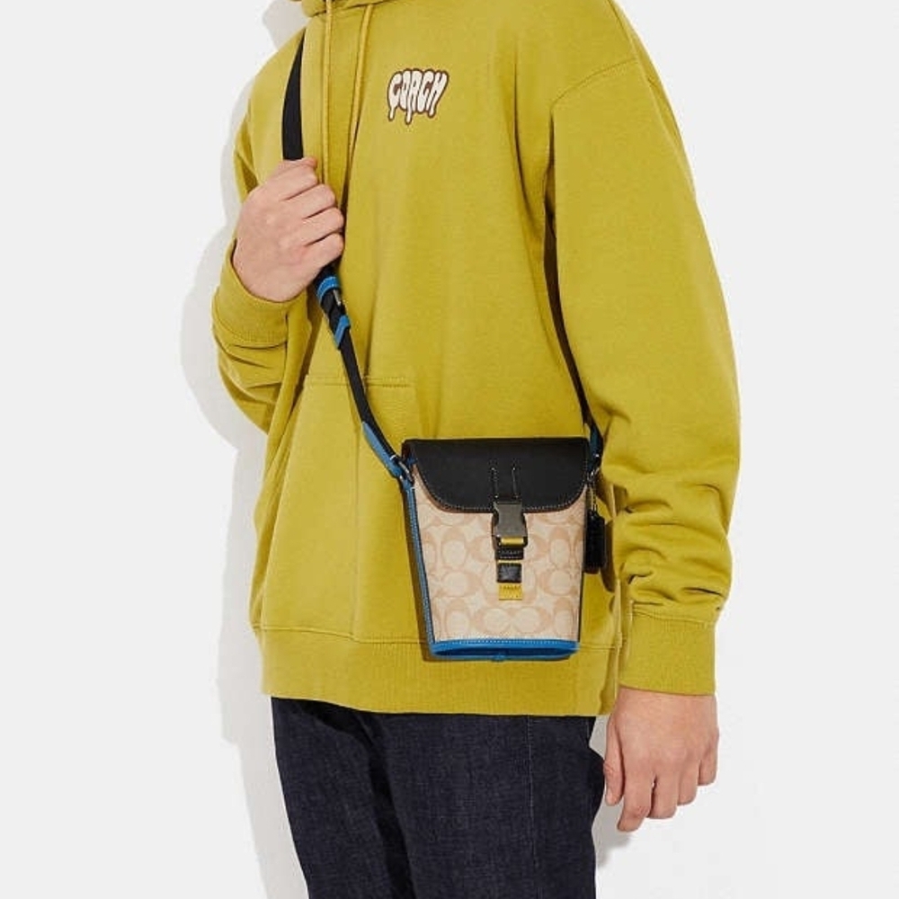 Coach Small Flap Track Stylish Men's Crossbody Bag In Light Khaki/Blue Jay Mult